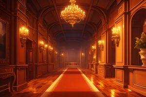 豪華なシャンデリアと壁の燭台が特徴的な西洋風の廊下。赤いカーペットが敷かれ、温かい光が廊下全体を照らしている。クラシックな装飾が施され、エレガントな雰囲気が漂っている。