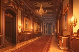 シャンデリアと絵画が飾られたエレガントな西洋風の廊下。赤いカーペットが敷かれ、豪華な装飾が施された壁が廊下全体に高級感を与えている。