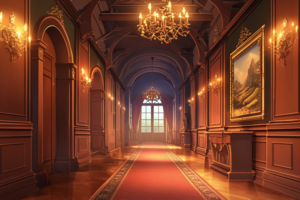 壁にかかる絵画と豪華なシャンデリアが特徴的な西洋風の廊下。赤いカーペットが敷かれ、エレガントな装飾が施された壁とドアが高級感を醸し出している。