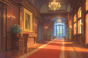 壁に絵画が飾られ、豪華なシャンデリアが輝く西洋風の廊下。赤いカーペットが敷かれ、エレガントな装飾が施された壁と家具が高級感を醸し出している。