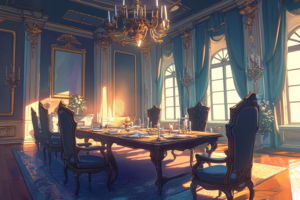 青いカーテンと豪華なシャンデリアが特徴的な西洋風のダイニングルーム。テーブルには食器が並び、優雅な雰囲気が漂っている。大きな窓からの光が部屋を明るくしている。