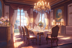 美しいシャンデリアと大きな窓が特徴的な西洋風のダイニングルーム。テーブルには豪華な食器が並び、エレガントな装飾が施された家具が部屋の高級感を際立たせている。