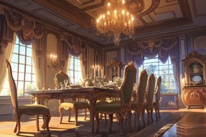 豪華なシャンデリアとエレガントな家具が配置された西洋風のダイニングルーム。テーブルには食器が整然と並び、大きな窓からの光が部屋を明るく照らしている。