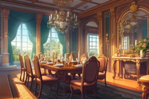 ゴールドの装飾が施された家具とシャンデリアが特徴的な西洋風のダイニングルーム。大きな窓からの自然光が部屋を明るくし、エレガントな雰囲気を醸し出している。