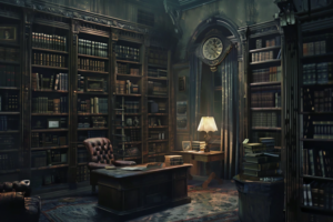 壁一面に本棚が並び、古い書籍がぎっしりと詰まった西洋風の書斎。大きなデスクと革張りの椅子が中央に置かれ、部屋全体に歴史と重厚感が漂っている。