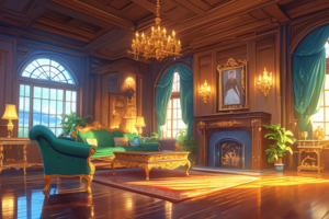 緑のソファと金色の装飾が施されたテーブルが特徴的な西洋風のリビングルーム。暖炉が部屋を暖かく照らし、豪華なシャンデリアが天井に輝いている。大きな窓からの光が部屋を明るくしている。