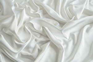 白いシルクの布が柔らかく折り重なり、光沢のある滑らかな表面が特徴的。