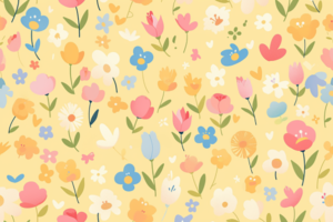 淡い黄色の背景に色鮮やかな花が描かれた、明るくてかわいらしいデザイン。ピンクや青、黄色の花々が春の暖かさを感じさせる
