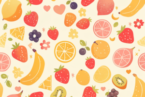 ベージュの背景にカラフルなフルーツが描かれたデザイン。イチゴ、バナナ、オレンジ、グレープフルーツなどが散りばめられている