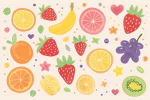 パステルカラーの背景に様々なフルーツが配置されたデザイン。イチゴ、バナナ、ブドウ、キウイなどが鮮やかに描かれている