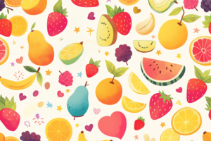 白い背景に色とりどりのフルーツが描かれたデザイン。イチゴ、スイカ、レモン、洋ナシなどが並んでいる