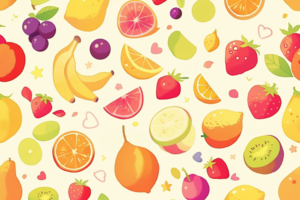 クリーム色の背景に可愛らしいフルーツが描かれたデザイン。オレンジ、バナナ、キウイ、レモンなどが散りばめられている