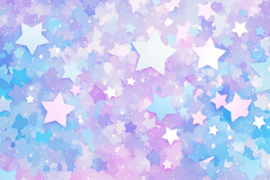 淡い紫色の背景に様々な大きさと色合いの星が散りばめられたデザイン。ピンクや青の星々が輝いている