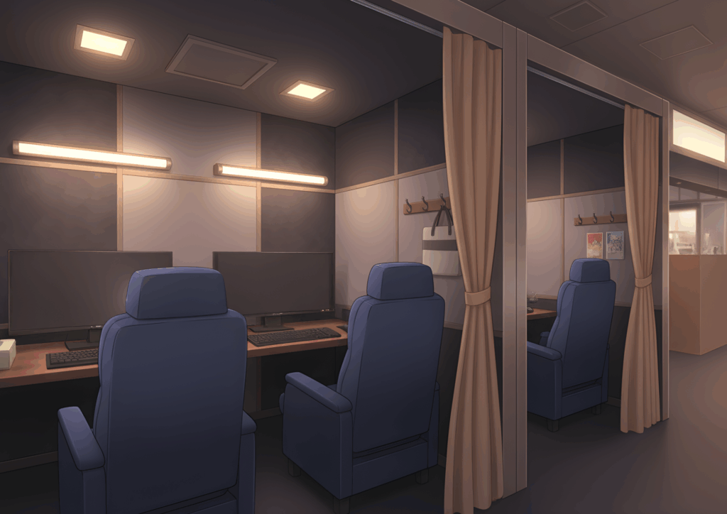 薄暗い照明の中、ハイバックのリクライニングチェアと大型モニターが並ぶ漫画喫茶のペア席ブース。仕切りカーテンで半個室になった落ち着いたネットカフェのPCエリアのイラスト。