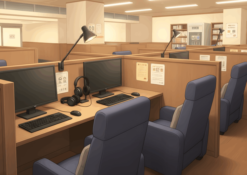 明るいフロアに木製のパーテーションで区切られたPCブースが並ぶ漫画喫茶・ネットカフェ。ゆったりした椅子とモニター、ヘッドホンが設置され、奥には本棚と自動販売機が見えるオープンスペース。