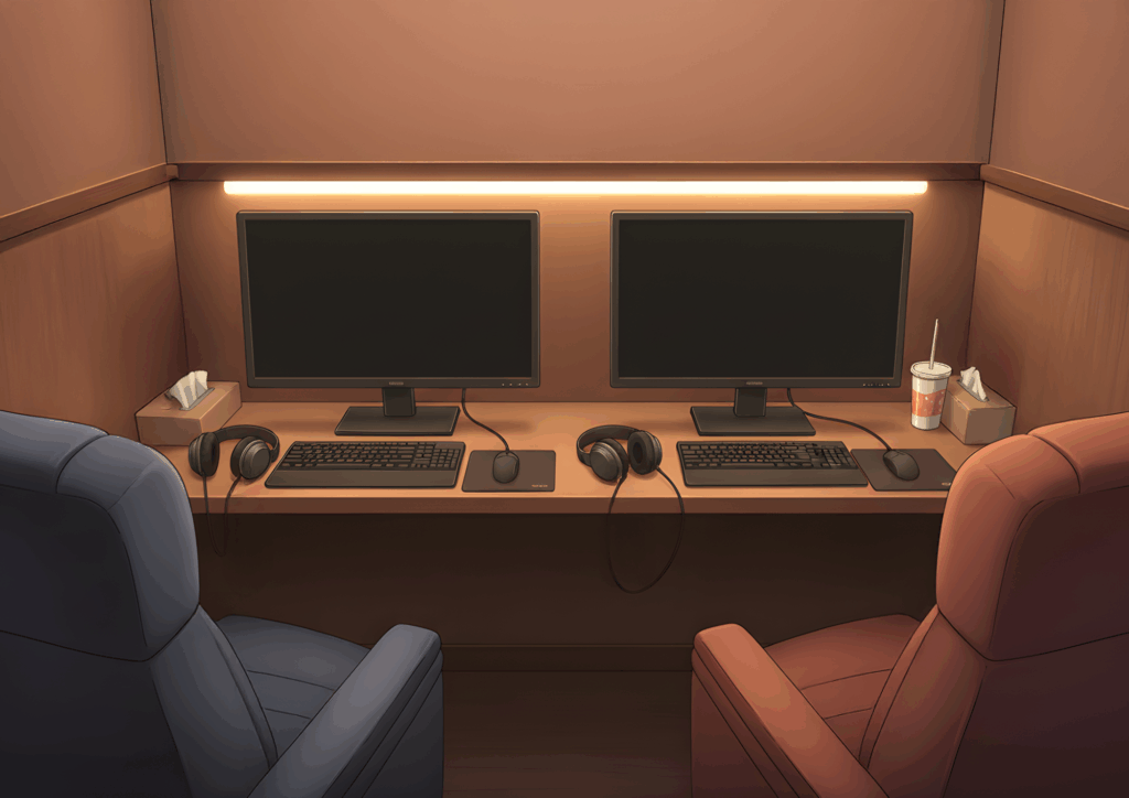 暖色系の照明に照らされた、2台のモニターとリクライニングチェアが向かい合う漫画喫茶のペア席。ヘッドホンやティッシュ、ドリンクカップが置かれた、落ち着いた雰囲気のネットカフェブースのイラスト。