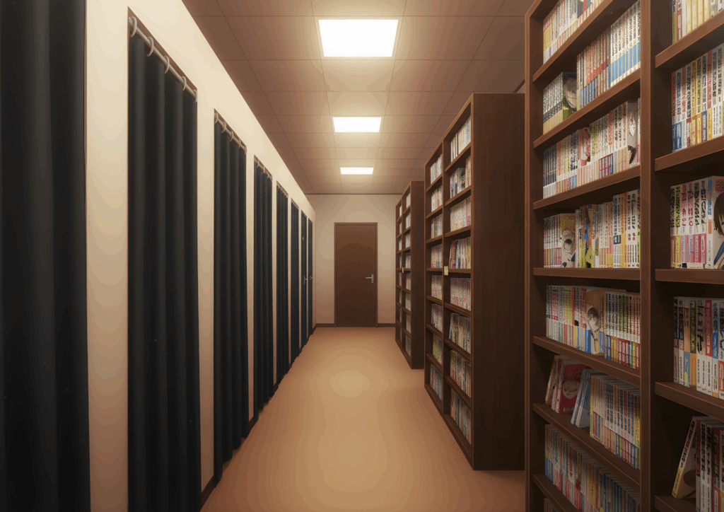 左側にカーテン付きの個室ブース、右側に漫画本がぎっしり並んだ本棚が続く漫画喫茶の通路。奥に扉が見え、静かで落ち着いた店内の雰囲気を描いたイラスト。