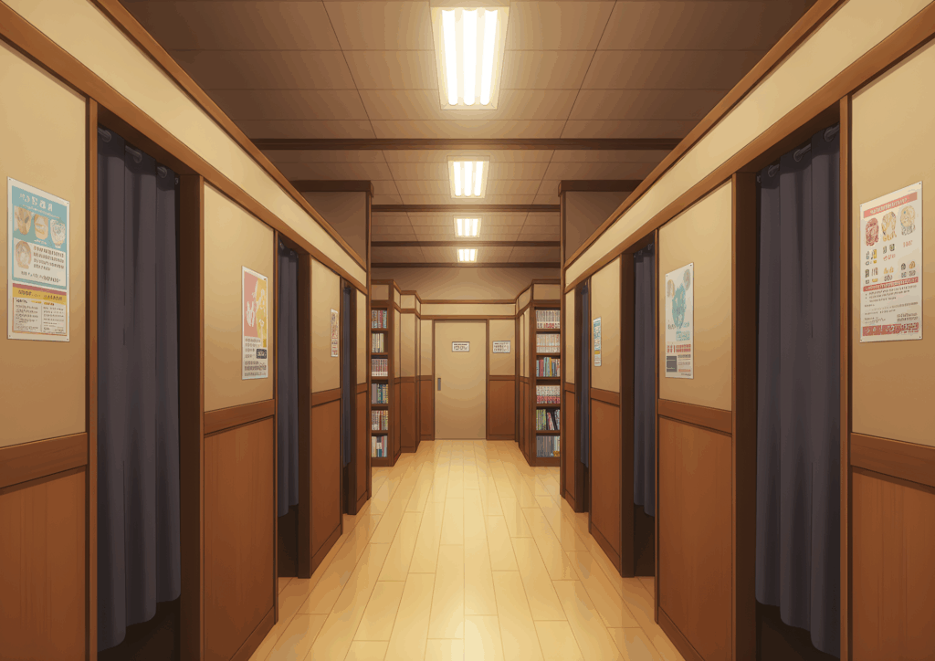 両側にカーテン付き個室ブースが並び、奥に漫画本棚が見える木目調の廊下。天井の蛍光灯に照らされた、清潔感のある漫画喫茶・ネットカフェの通路のイラスト。