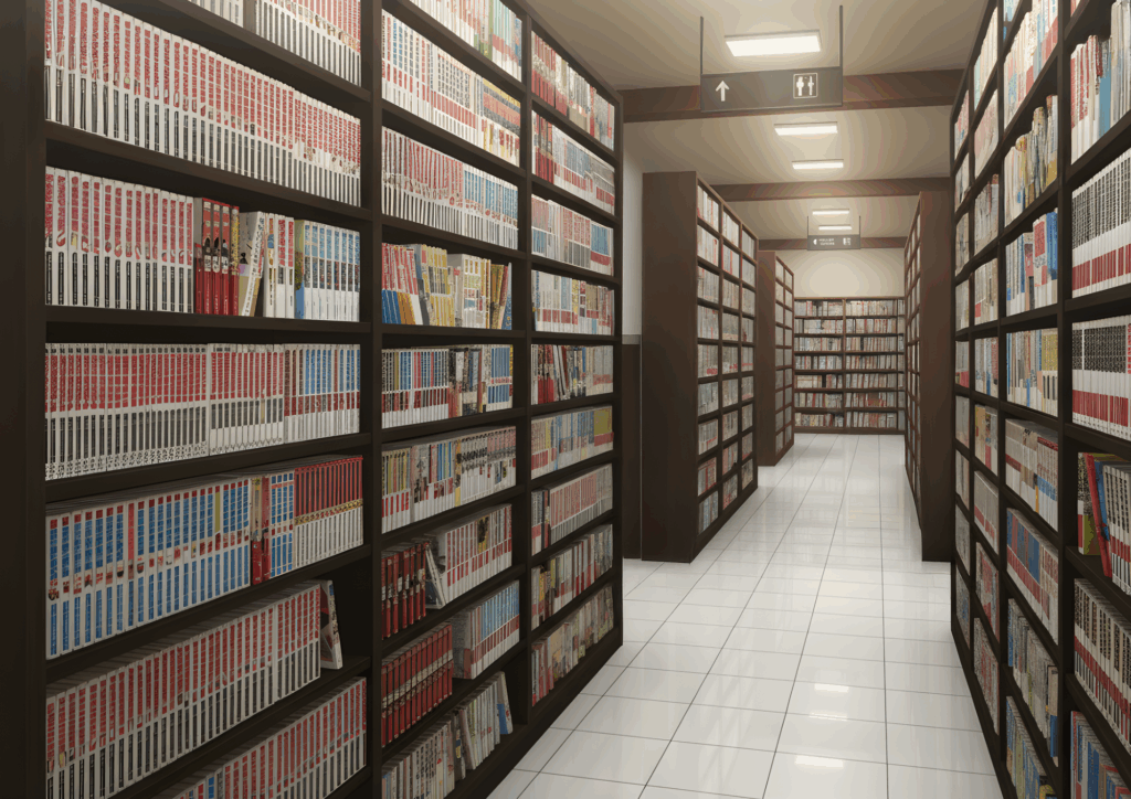 白いタイル床の上に、両側と奥まで漫画単行本がびっしり並んだ本棚が続く広いコミックコーナー。天井にはトイレの案内サインがあり、漫画喫茶の豊富な蔵書エリアを表現したイラスト。