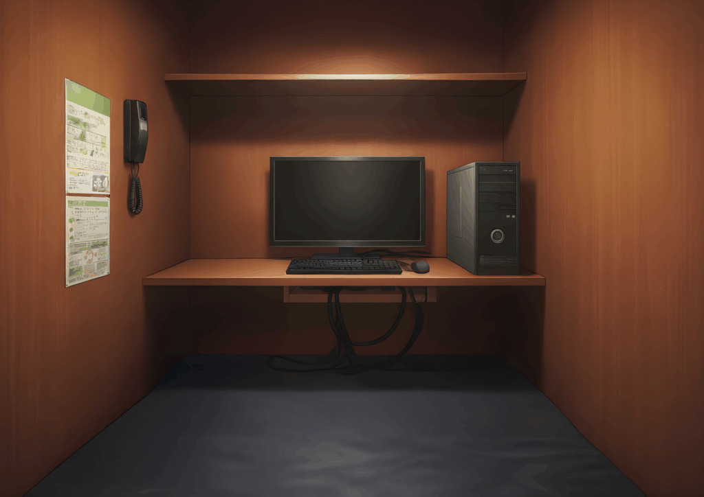 木目の壁に囲まれた、床がマットになった狭めの個室ブース。デスク上にデスクトップPCとモニター、キーボードが置かれ、壁には電話機と案内ポスターが掛かった漫画喫茶のプライベートルーム。