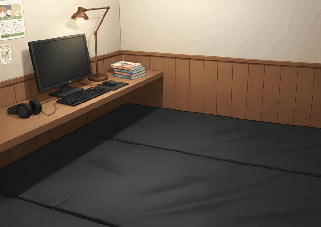 広いマット床が敷かれた横になれるタイプの個室ブース。デスクにはPCモニターとキーボード、スタンドライト、ヘッドホン、積み重ねられた漫画本が置かれた、くつろげる漫画喫茶の席のイラスト。