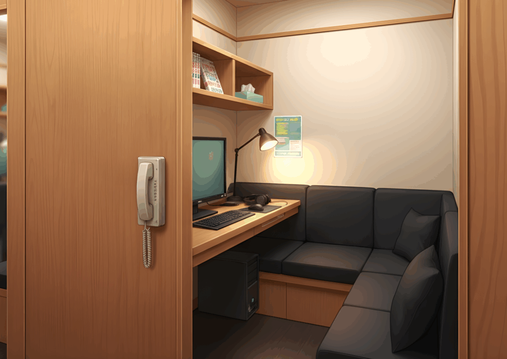 L字型ソファとPCデスクがある、木目調の壁に囲まれた漫画喫茶の個室。デスクにはモニターとキーボード、スタンドライト、ヘッドホンがあり、上部の棚には漫画とティッシュボックスが並ぶ落ち着いたネットカフェブースのイラスト。