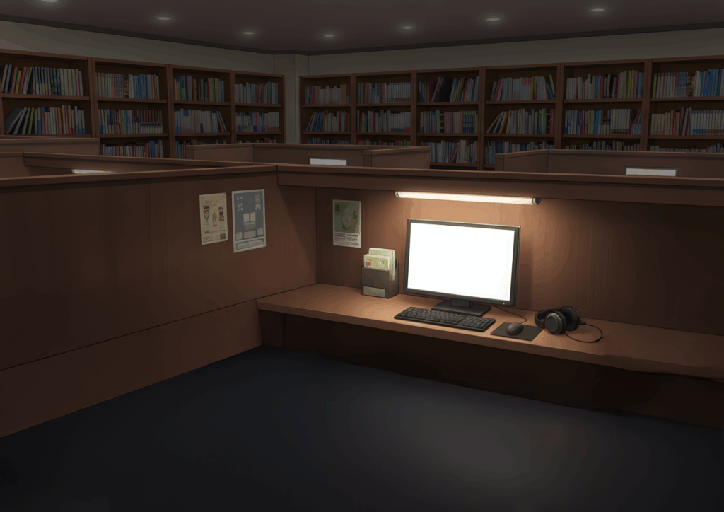 仕切りの低い木製ブースの一角に、白く光るモニターとキーボード、ヘッドホンが置かれたPC席がある漫画喫茶。周囲には同じようなブースが並び、その奥に本がぎっしり並んだ大きな本棚が続く静かなネットカフェフロアのイラスト。