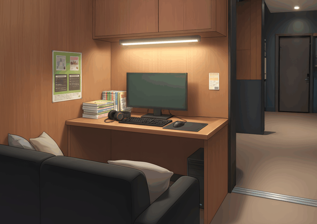 手前にクッション付きソファ、奥に木目調のデスクとPCモニターがある漫画喫茶の個室ブース。デスクには積み重ねられた漫画本とヘッドホン、キーボードとマウスが並び、上部には収納棚、右側には廊下と出入口の扉が見える落ち着いた空間。
