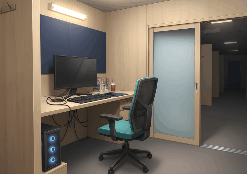 明るい木目の壁に囲まれた個室に、ゲーミングPC風のタワーとモニター、キーボードが置かれたデスクがあり、手前にキャスター付きのオフィスチェアが置かれたネットカフェブース。デスクには漫画単行本とストロー付きのドリンクカップがあり、右側の引き戸の向こうには薄暗い通路が続いているイラスト。