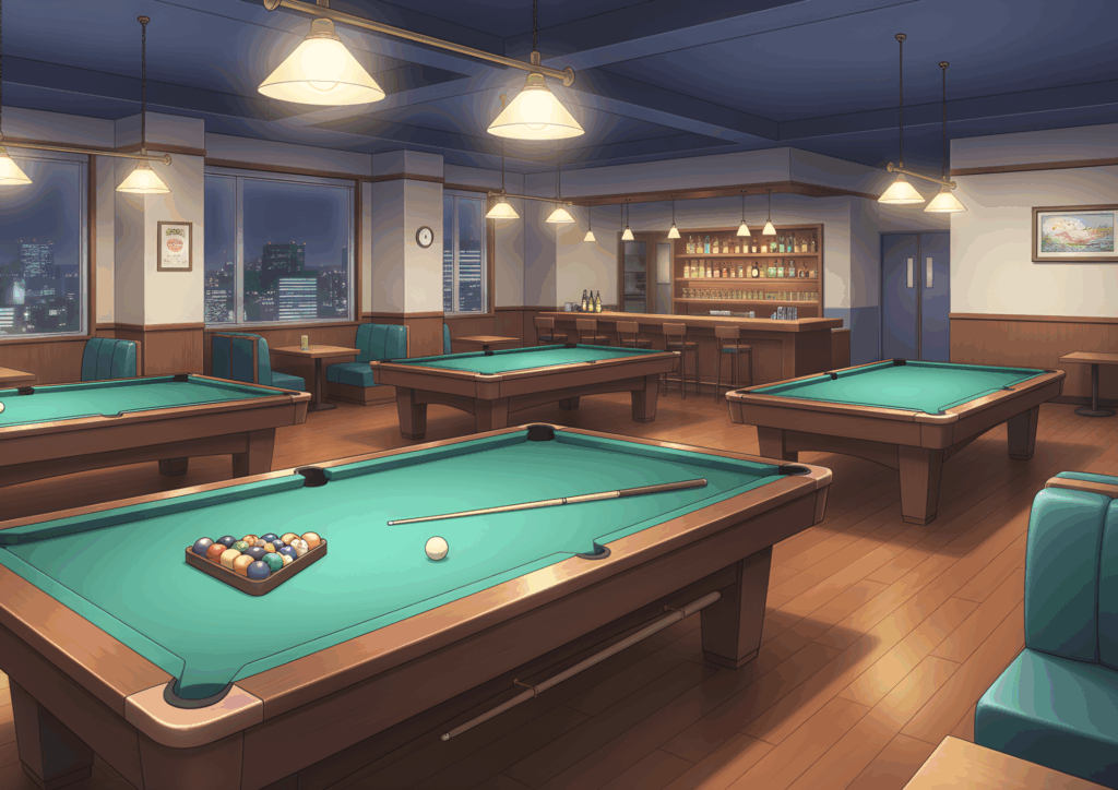 大きな窓から夜景を望むビリヤードラウンジ、ゆったり配置された台とボックス席、奥にバーカウンターと柔らかな照明が広がる明るい内装