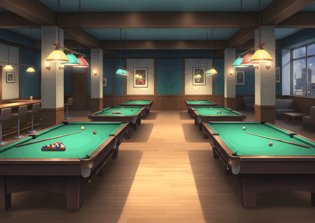 木床の広いプールホール、二列に並ぶビリヤード台とカラフルなシェードのペンダントライト、壁のアートと窓の夜景がアクセントのイラスト