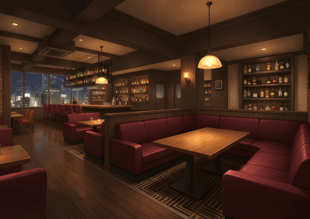 大きな窓から夜景が見える落ち着いたバー、赤いボックスソファ席と木製テーブル、天井から吊るされた棚に酒瓶が並ぶカウンター、温かなペンダント照明が灯る内装イラスト