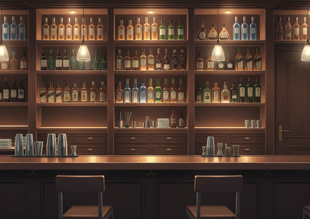 木製のバックバーにびっしり並ぶ酒瓶とスポットライト、カウンター上のシェーカーやジガー、ペンダント照明と二脚の椅子がある落ち着いたバーの内装イラスト
