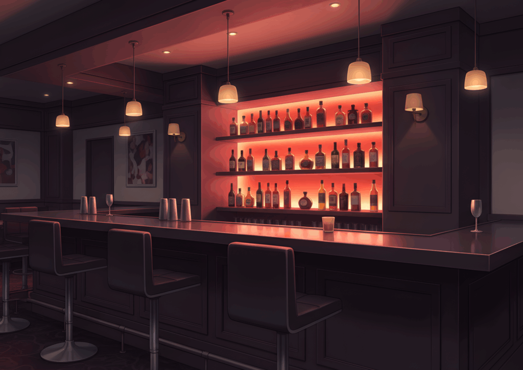 赤いバックライトで棚の酒瓶が映えるラウンジバーのカウンター、吊り下げ照明とハイスツール、グラスが点在するモダンな夜の雰囲気