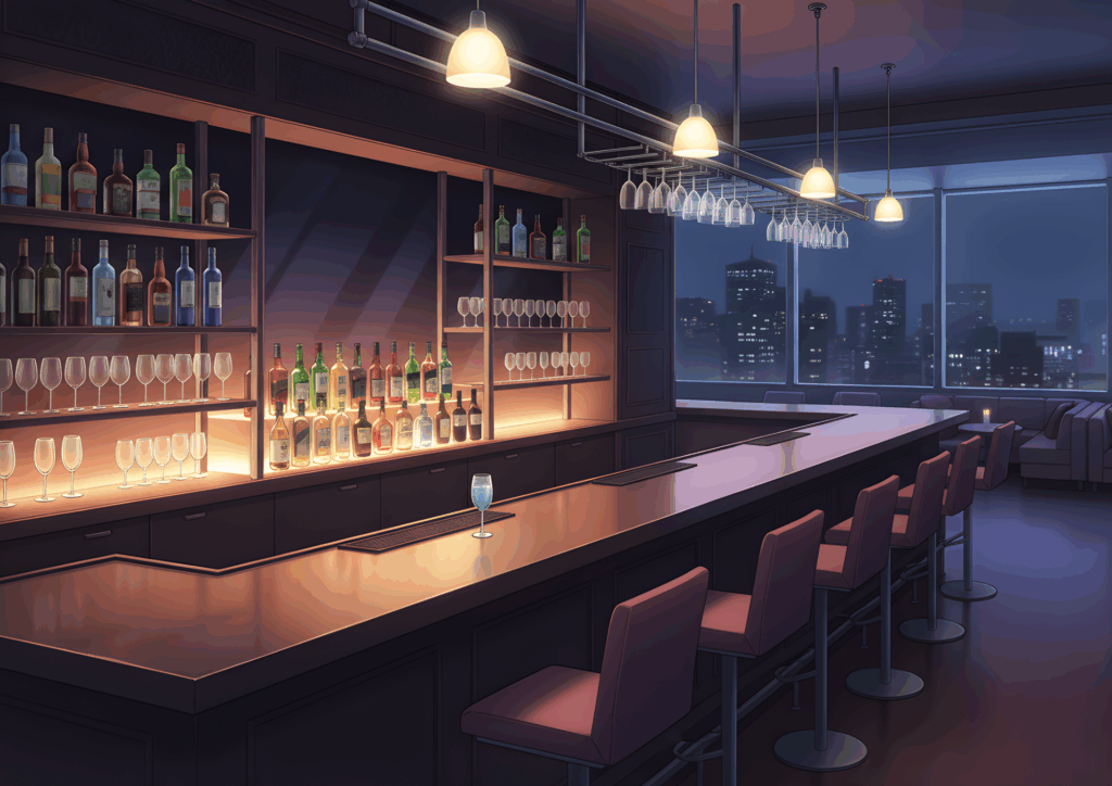 大きな窓から夜景の高層ビル群が見えるバー、長いカウンターとグラスラック、棚に並ぶボトルと温かい間接照明の都会的な内装