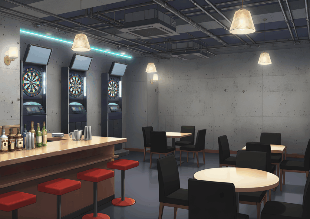 コンクリート打ちっぱなしのカジュアルな店内、天井ダクトと温かい照明、三台の電子ダーツ機と赤いスツールのバー、テーブル席が点在するイラスト