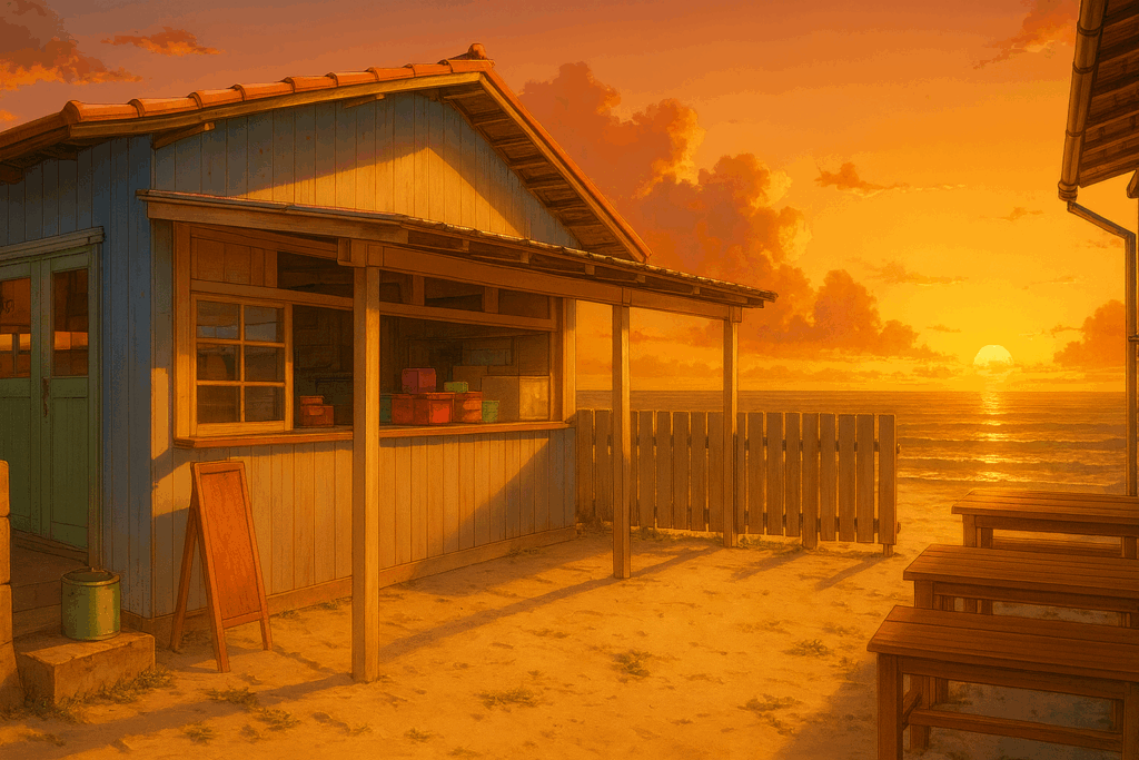 夕暮れ時の海の家。オレンジ色の空と沈む夕日が海面に反射し、海辺を赤く染めている。木造の建物の窓口には箱が積まれ、柔らかい光が影を落としている。波打ち際に沈む太陽が印象的な情景