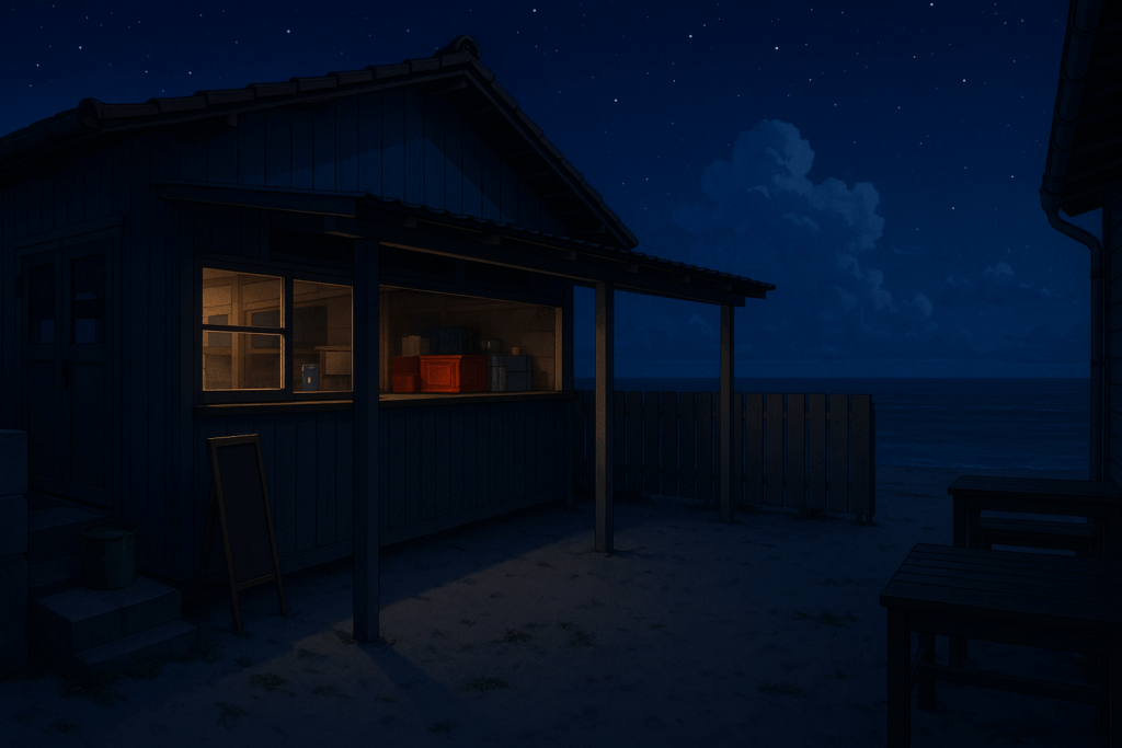 夜の海の家。星空の下、暗い海辺にぽつんと建つ木造の建物。窓からはオレンジ色の灯りが漏れ、内部に積まれた箱がうっすらと見える。外は静かで、暗闇と星の輝きが対照的な雰囲気