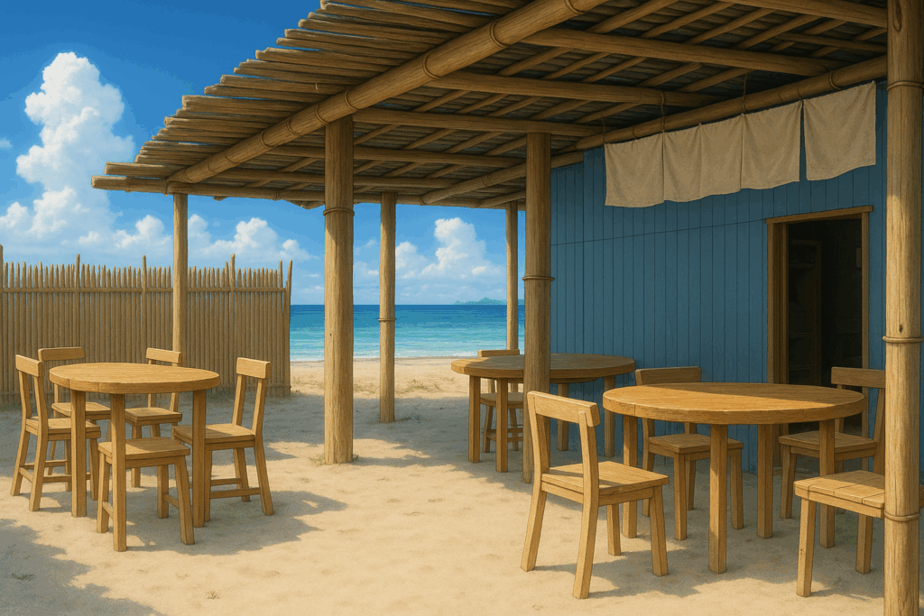 昼間の別の海の家。竹の柱と屋根で作られたテラスの下に、木製の円卓と椅子が並ぶ。背景には青い空と穏やかな海が広がり、浜辺の砂の上に設置された開放的な飲食スペースが描かれてい