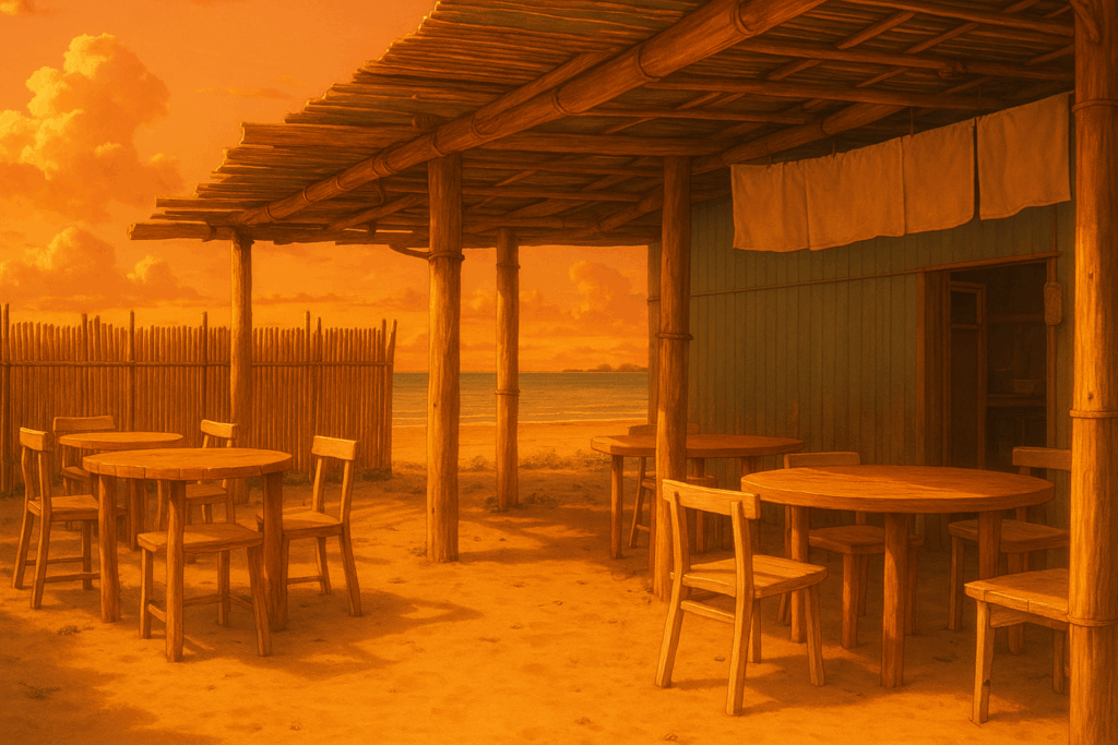 夕暮れ時の竹造りの海の家。オレンジ色の夕日が砂浜全体を染め、円卓と椅子の影が長く伸びている。空と海は夕焼けの赤に包まれ、落ち着いた雰囲気のテラス席が表現されている