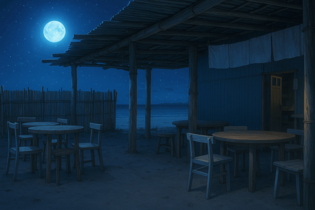 満月が輝く夜の海の家。竹の屋根付きテラスの下に並ぶ円卓と椅子は青い月明かりに照らされ、静かな砂浜に影を落とす。遠くには海と星空が広がり、幻想的で静寂な夜の雰囲気が漂う