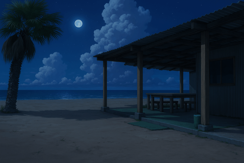 満月が輝く夜の海の家。月明かりに照らされた砂浜と海が広がり、空には星々と大きな雲が浮かぶ。木造のテラスとベンチが暗闇に静かに佇み、ヤシの木が月光を浴びて影を落としている。静寂で幻想的な夜の風景