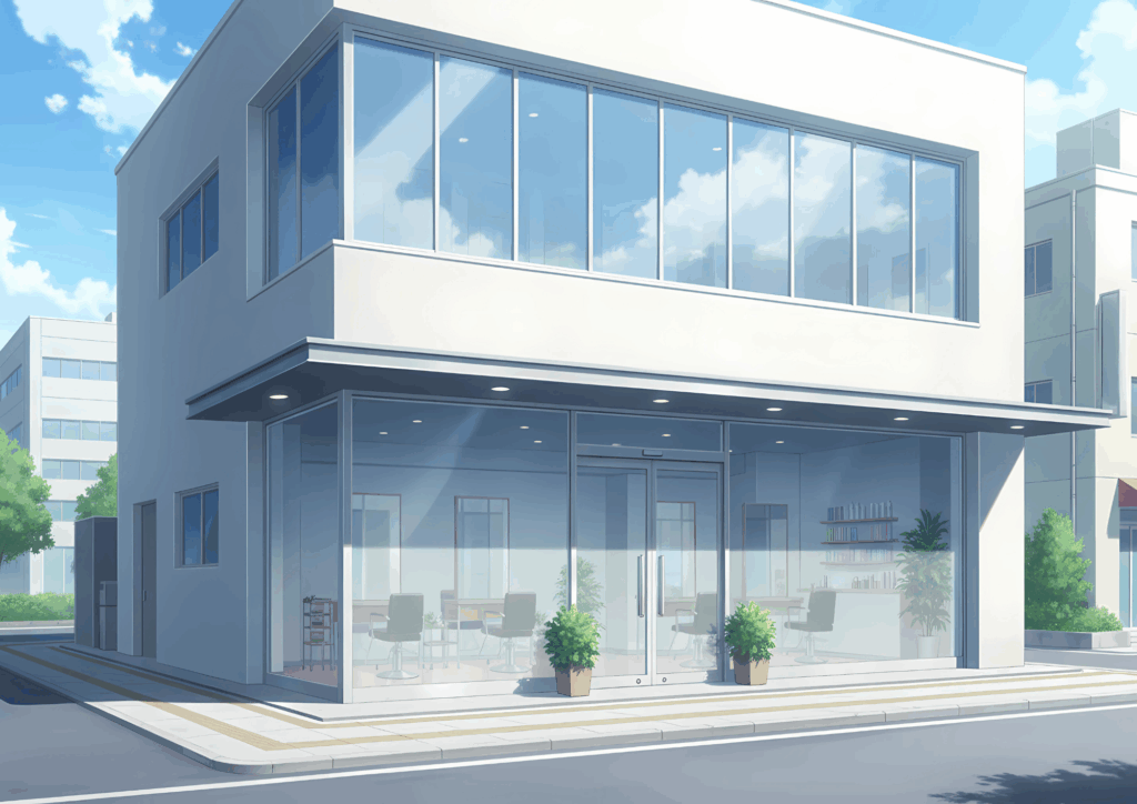 白い二階建ての美容室の外観。昼間の青空の下、大きなガラス窓から店内が見え、観葉植物が入口に置かれている