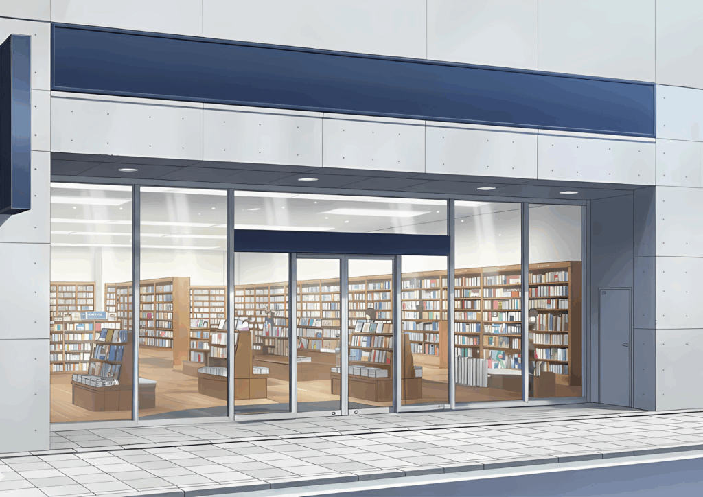 ガラス張りのモダンな本屋の外観。昼間で明るく、店内には整然と並んだ本棚と数多くの書籍が見える