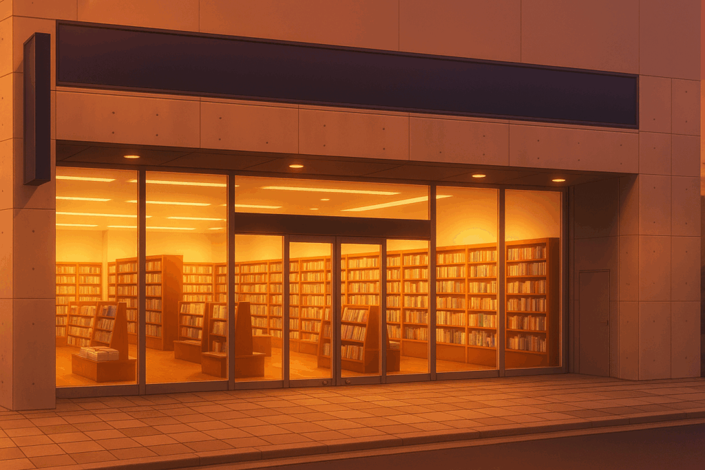夕暮れ時にオレンジ色の光で照らされた本屋の外観。ガラス越しに本棚が並び、温かみのある雰囲気が広がっている