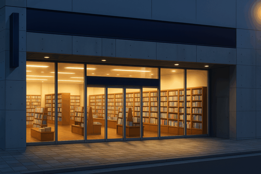 夜の本屋の外観。ガラス張りの中から明るい照明に照らされた本棚が見え、落ち着いた静かな雰囲気が漂っている