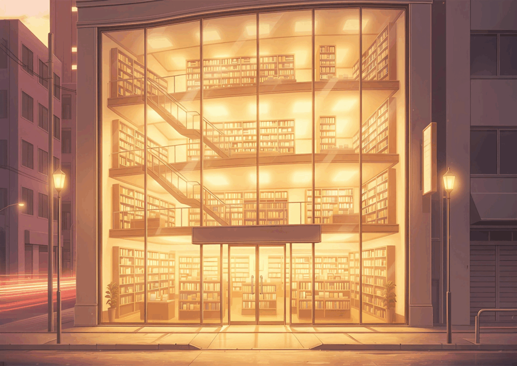 夕方から夜にかけて暖かい光に包まれた4階建ての本屋の外観。ガラス越しに書棚と階段が見え、街灯がともり始めている