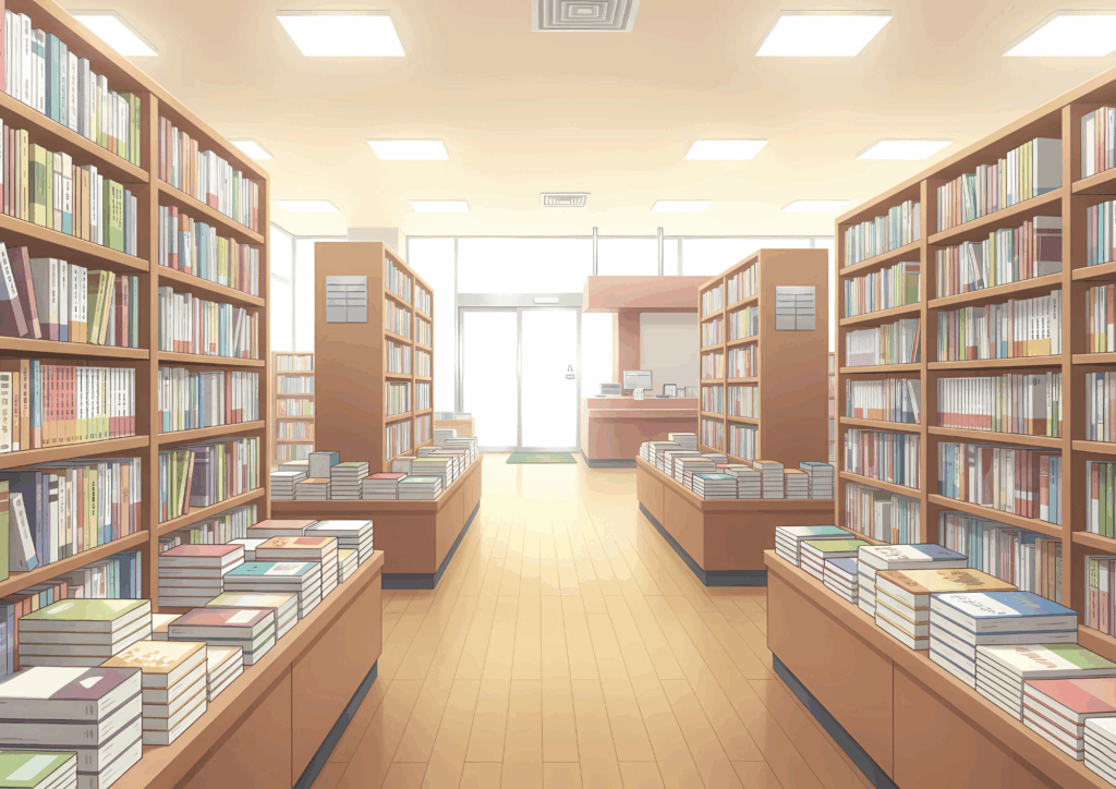 明るい昼間の本屋の内観。整然と並ぶ木製の本棚とテーブルに積まれた本があり、奥にはレジカウンターと自動ドアの入口が見える