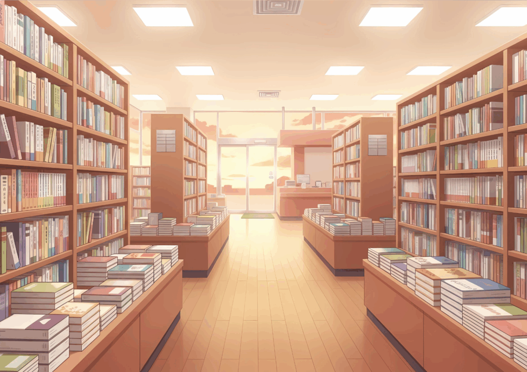 夕暮れ時の本屋の内観。橙色の夕日がガラス越しに差し込み、温かい光に包まれた本棚とレジカウンターが見える
