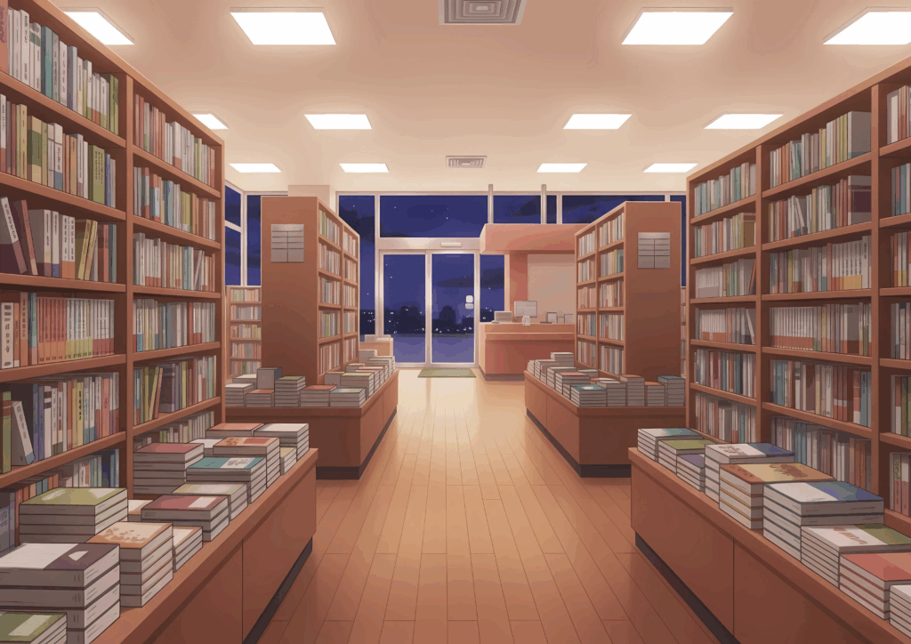 夜の本屋の内観。窓の外に星空と街の明かりが見え、照明に照らされた本棚とレジカウンターが静かな雰囲気を作り出している
